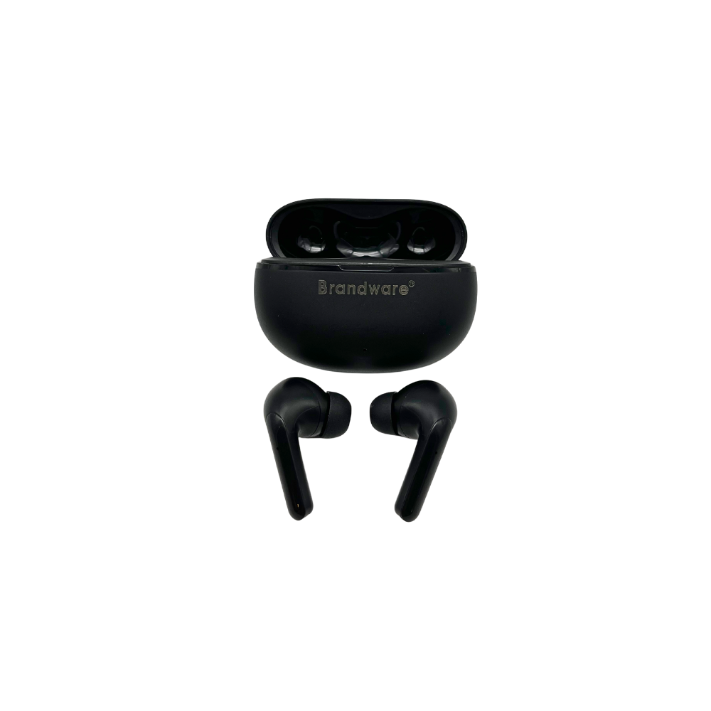 Black wireless earbuds with charging case on a white background