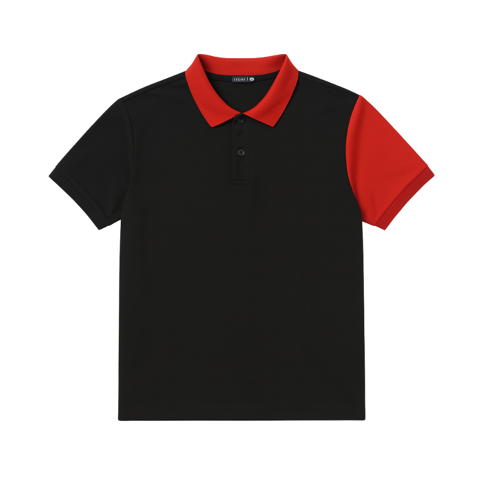 Black polo shirt with red collar and sleeves on a white background