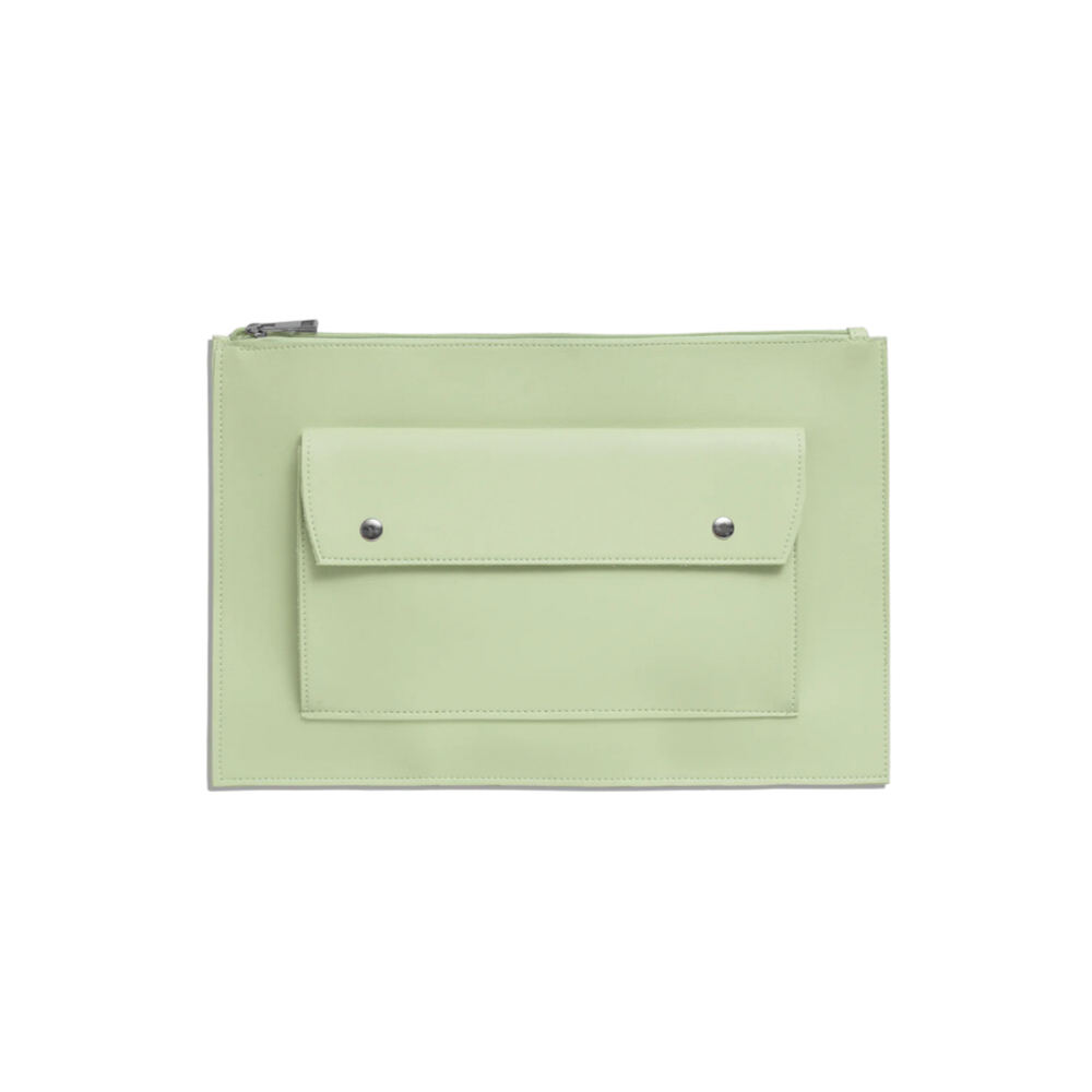 Light green laptop sleeve with a flap and zipper