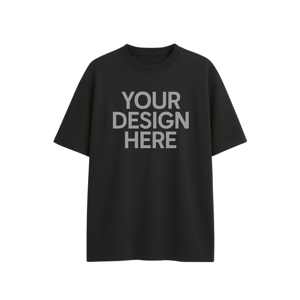 Black t-shirt with 'YOUR DESIGN HERE' text on a white background