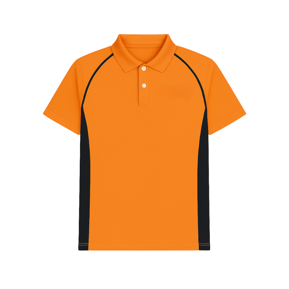 Orange polo shirt with black accents on a white background