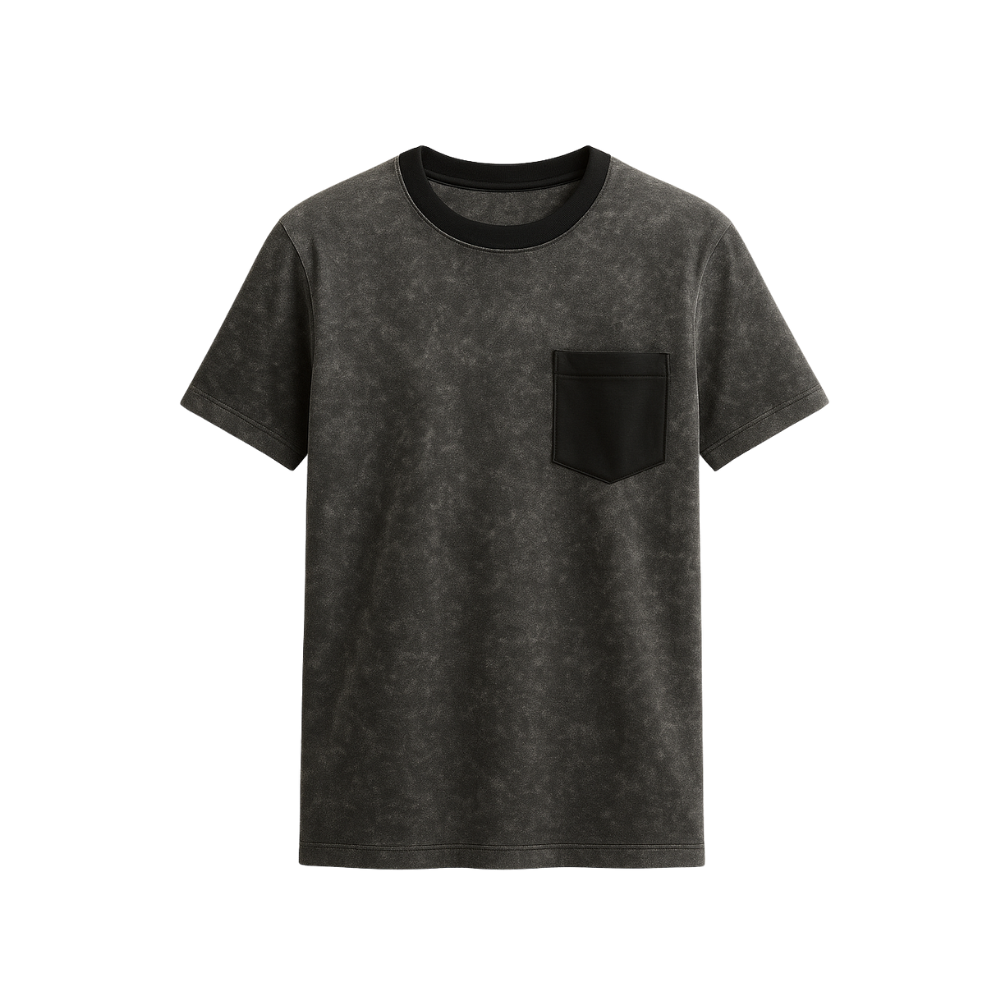Gray t-shirt with black pocket and trim on a white background