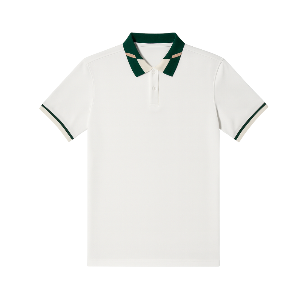 White polo shirt with green accents on a white background