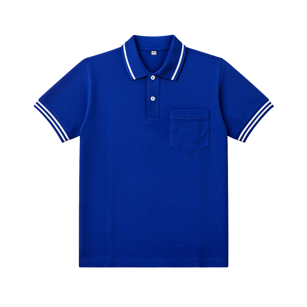 Blue polo shirt with white trim on a white background