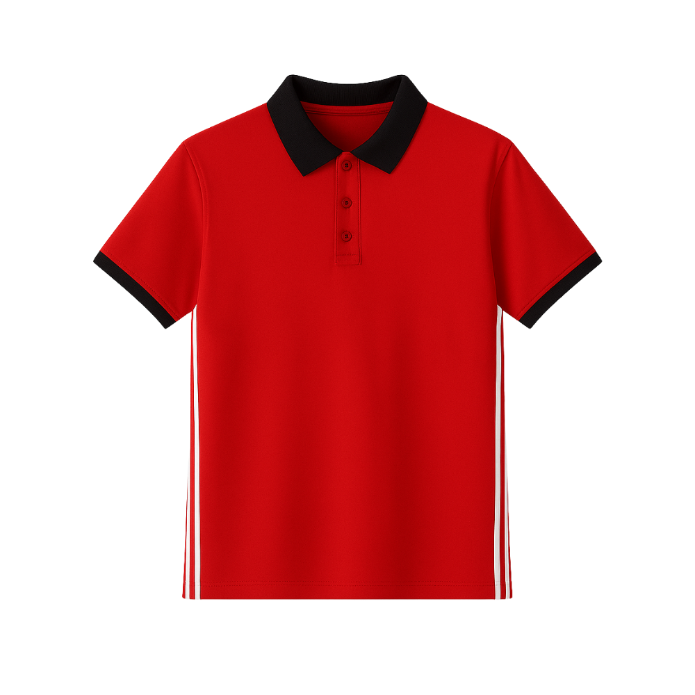 Red polo shirt with black collar and trim on a white background