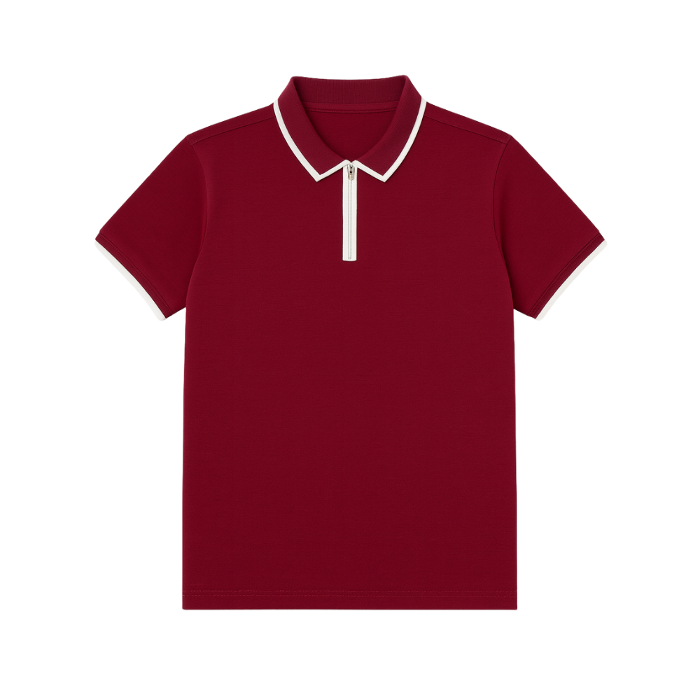 Red polo shirt with white collar and trim on a white background