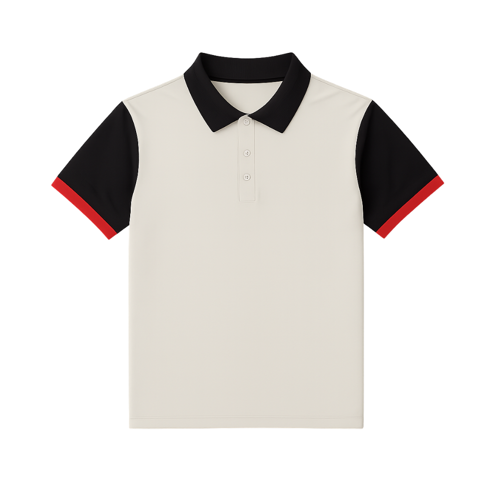 Beige polo shirt with black and red accents on a white background