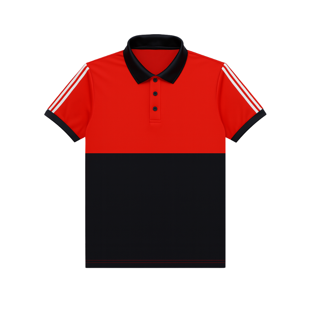 Red and black polo shirt with white stripes on a white background
