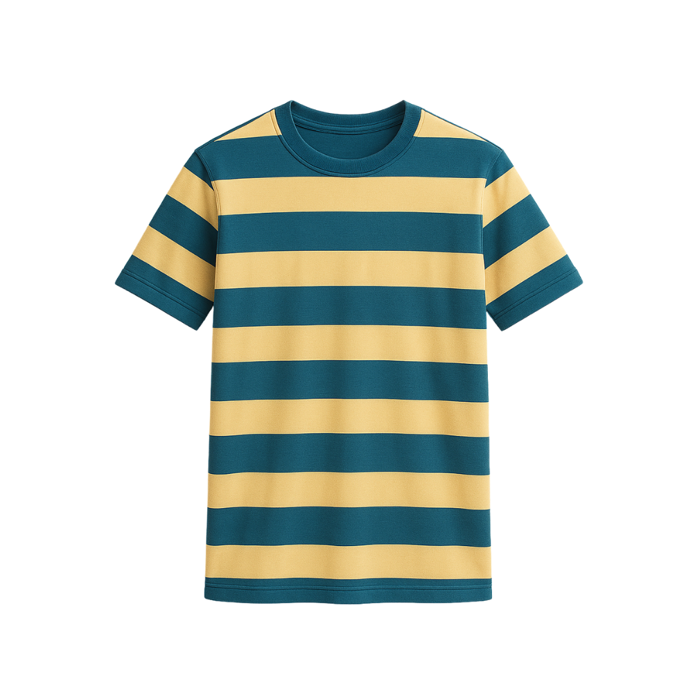 Striped t-shirt with blue and yellow horizontal stripes on a white background
