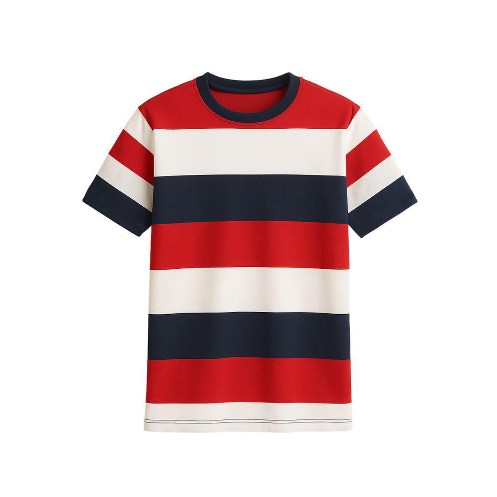 Striped shirt with red, white, and navy colors on a white background