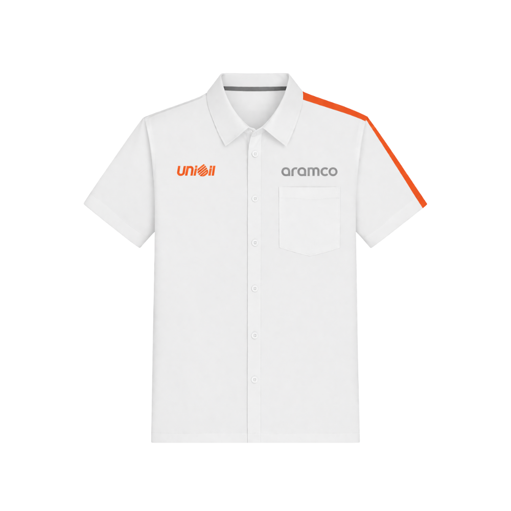 White polo jacket with Unioil and Aramco logos