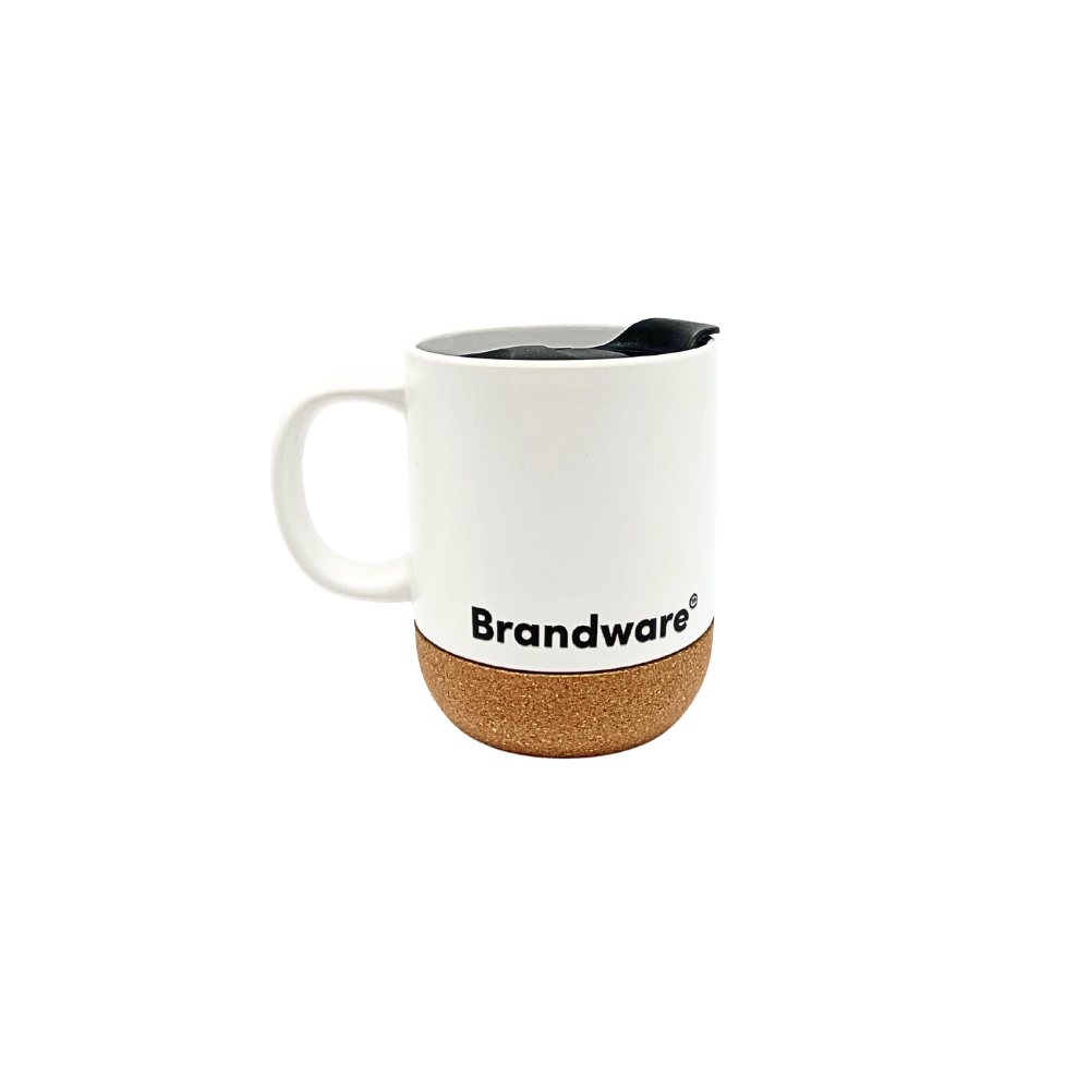 White mug with cork base and 'Brandware' logo on a white background