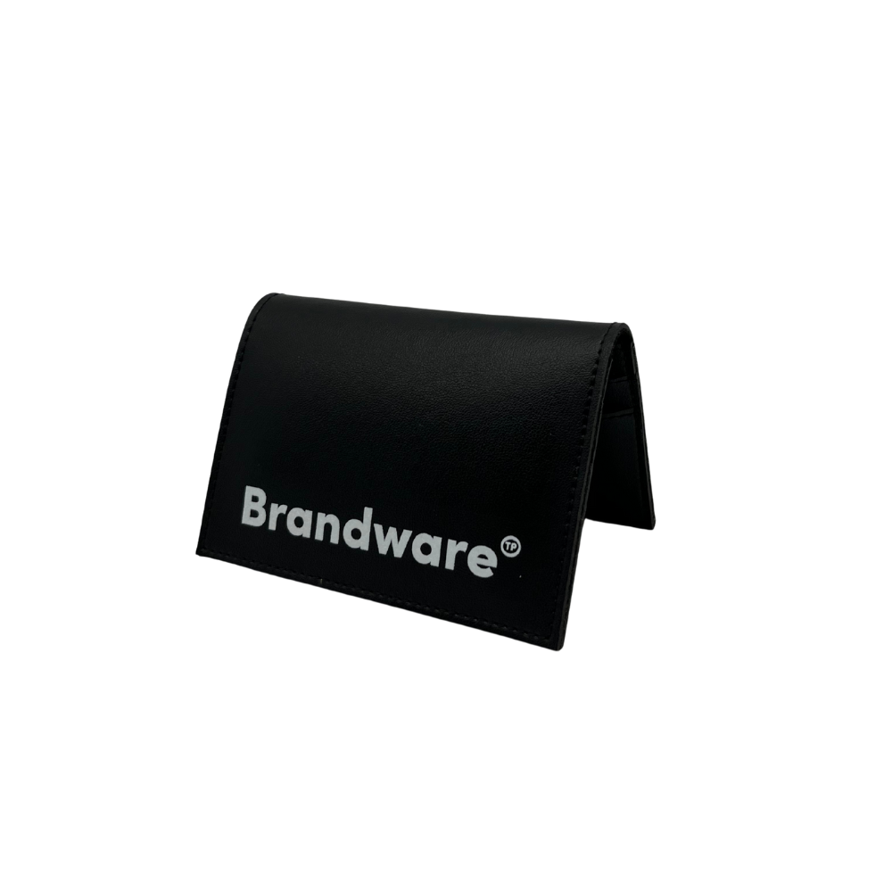 Black cardholder with 'Brandware' logo on a white background