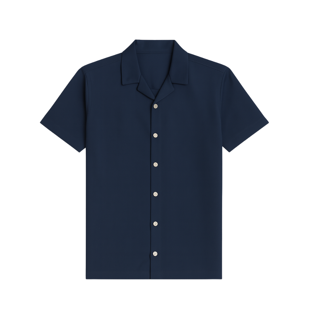 Navy blue shirt with white buttons on a white background