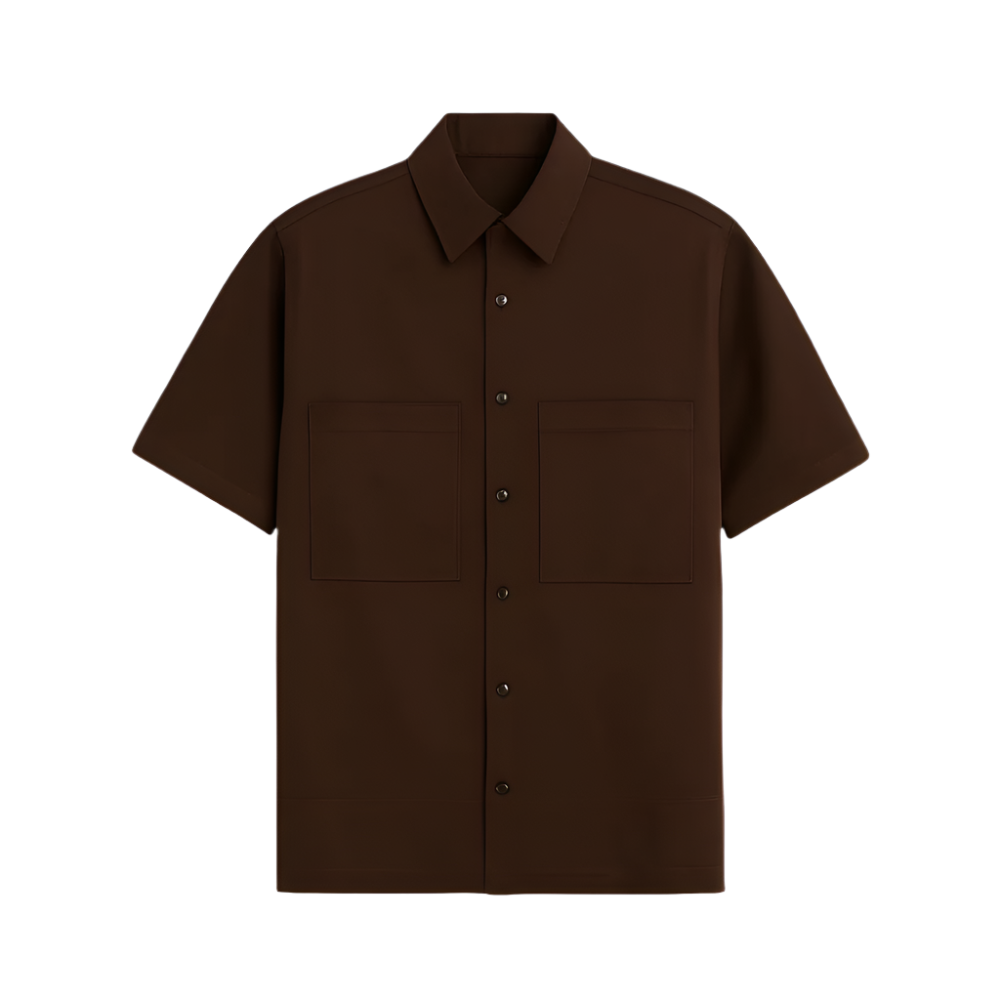 Brown short-sleeve shirt with two front pockets on a white background