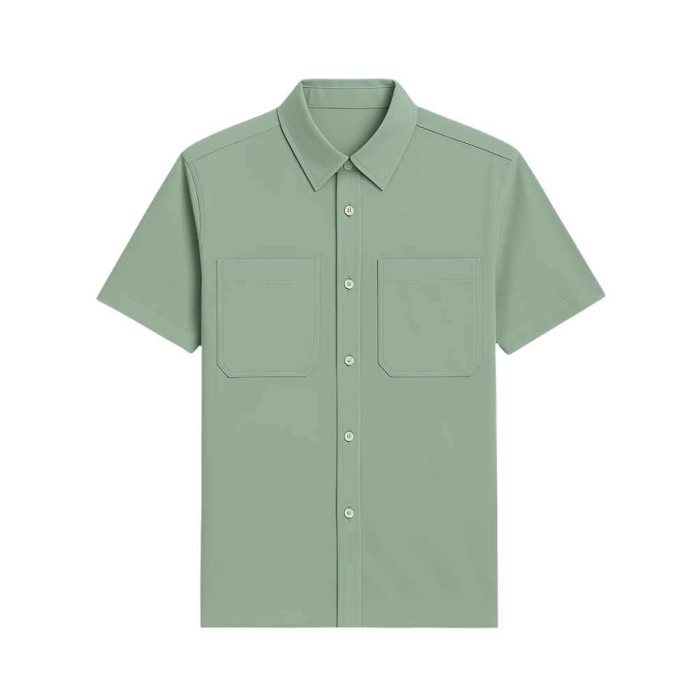 Green short-sleeve shirt with two front pockets on a white background