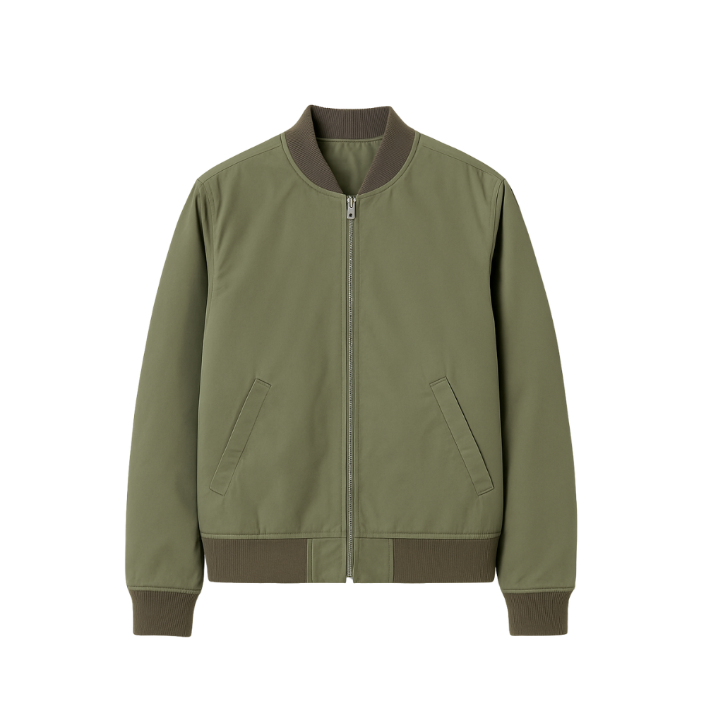 Green bomber jacket with brown accents on a white background