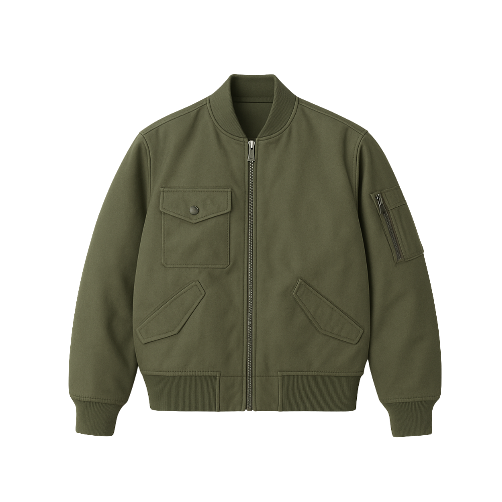 Green jacket with multiple pockets on a white background
