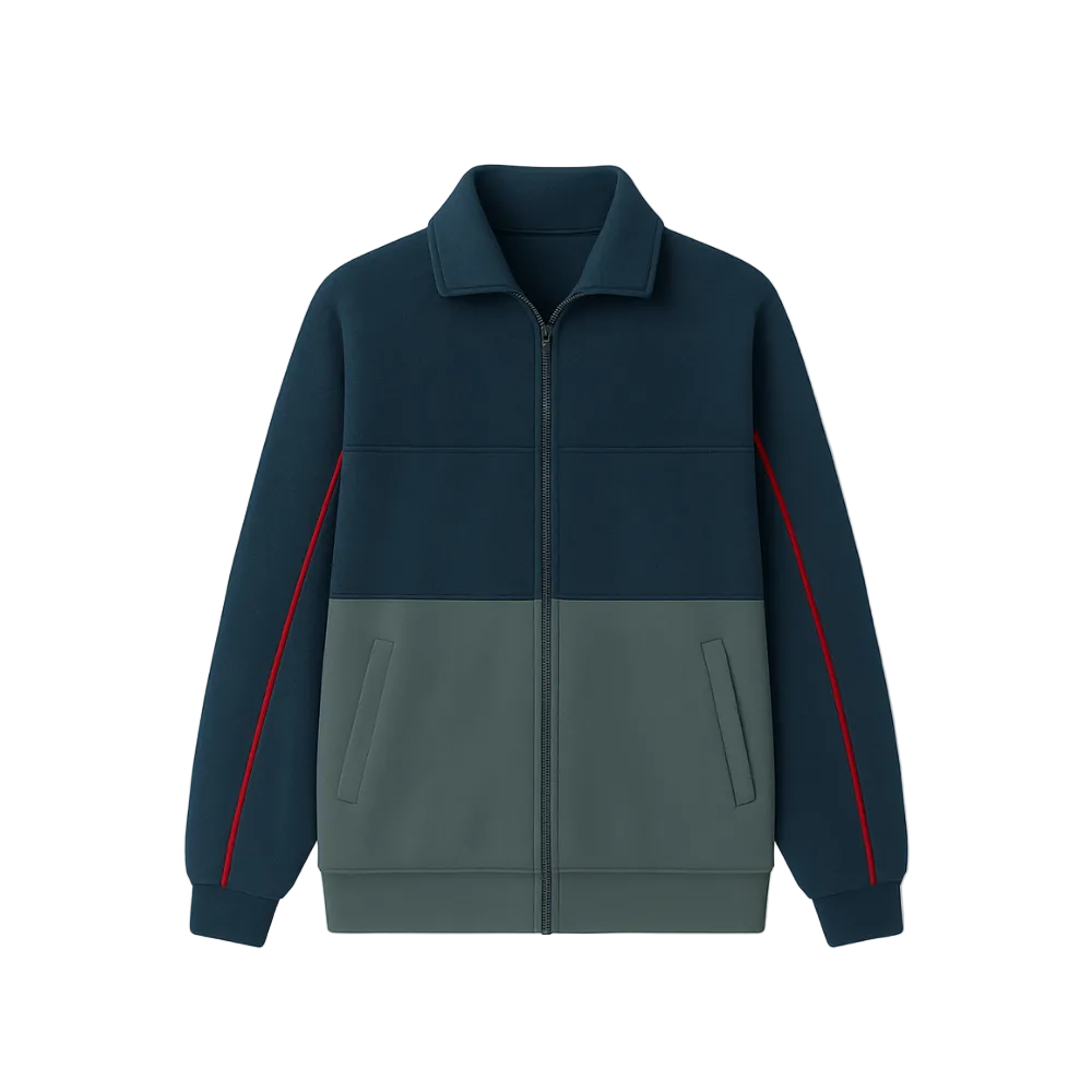 Two-tone jacket with navy and gray design on a white background