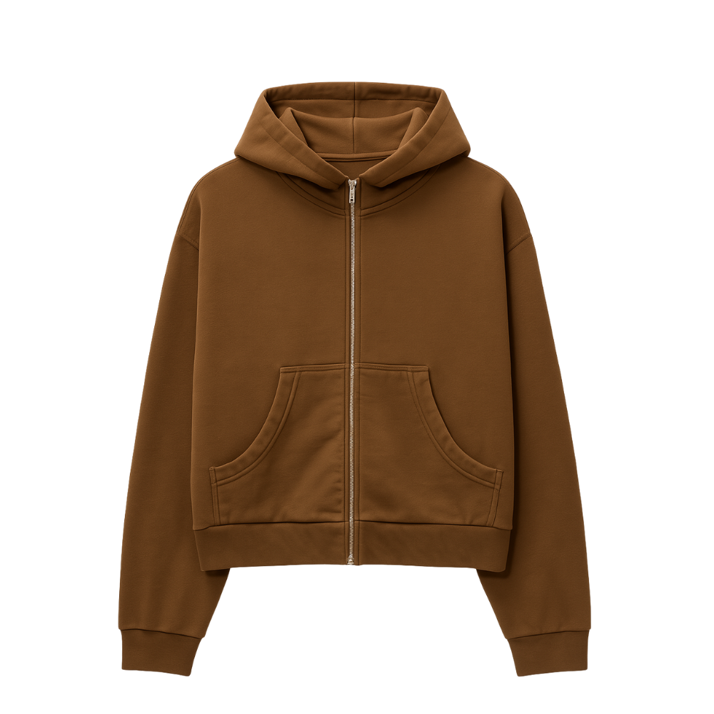 Brown hoodie with a zipper on a white background