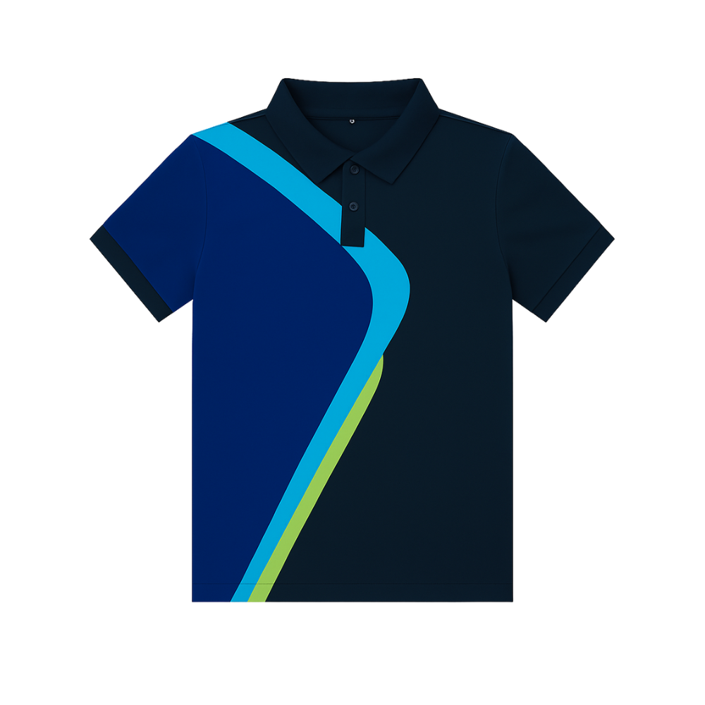 Navy blue polo shirt with a colorful stripe on a white background