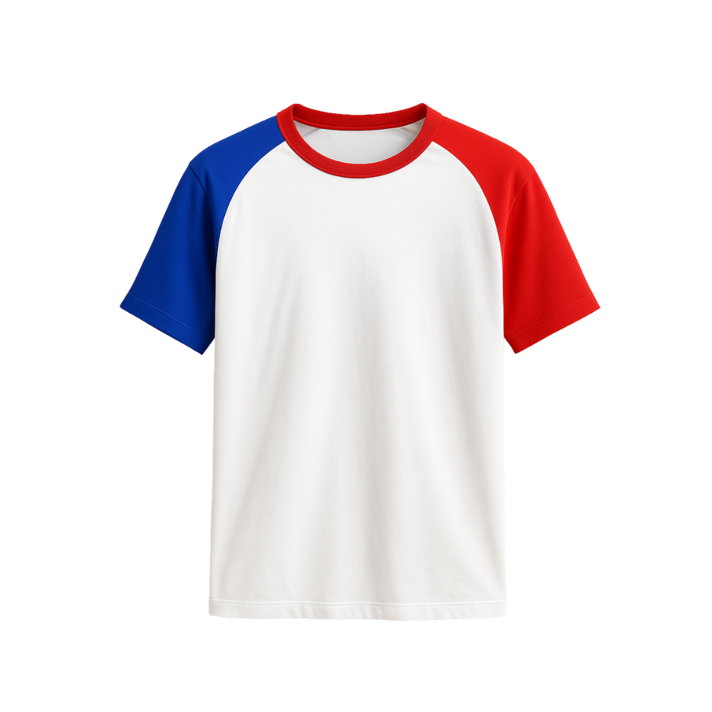 Baseball-style t-shirt with red and blue sleeves on a white background