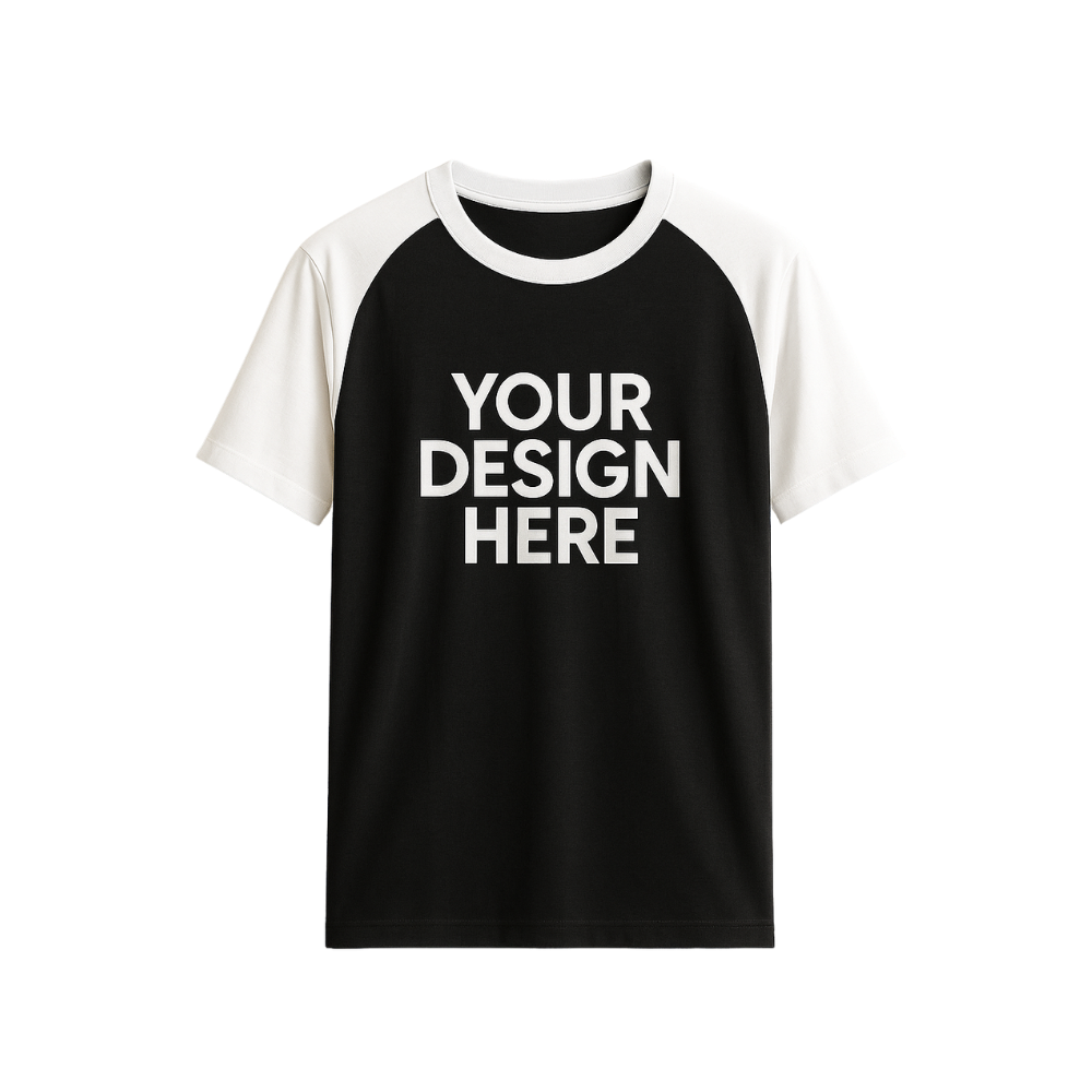 Black and white baseball shirt with 'Your Design Here' text on a white background