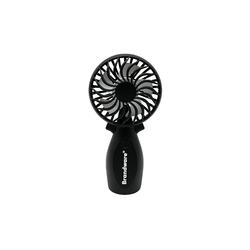 Black handheld fan with 'Brandware' branding on a white background