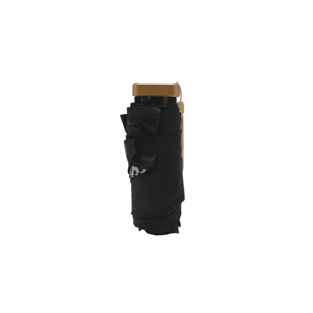 Black umbrella with gold handle on a white background