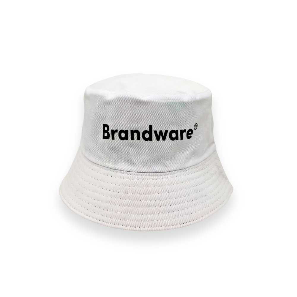 White bucket hat with 'Brandware' logo on a white background