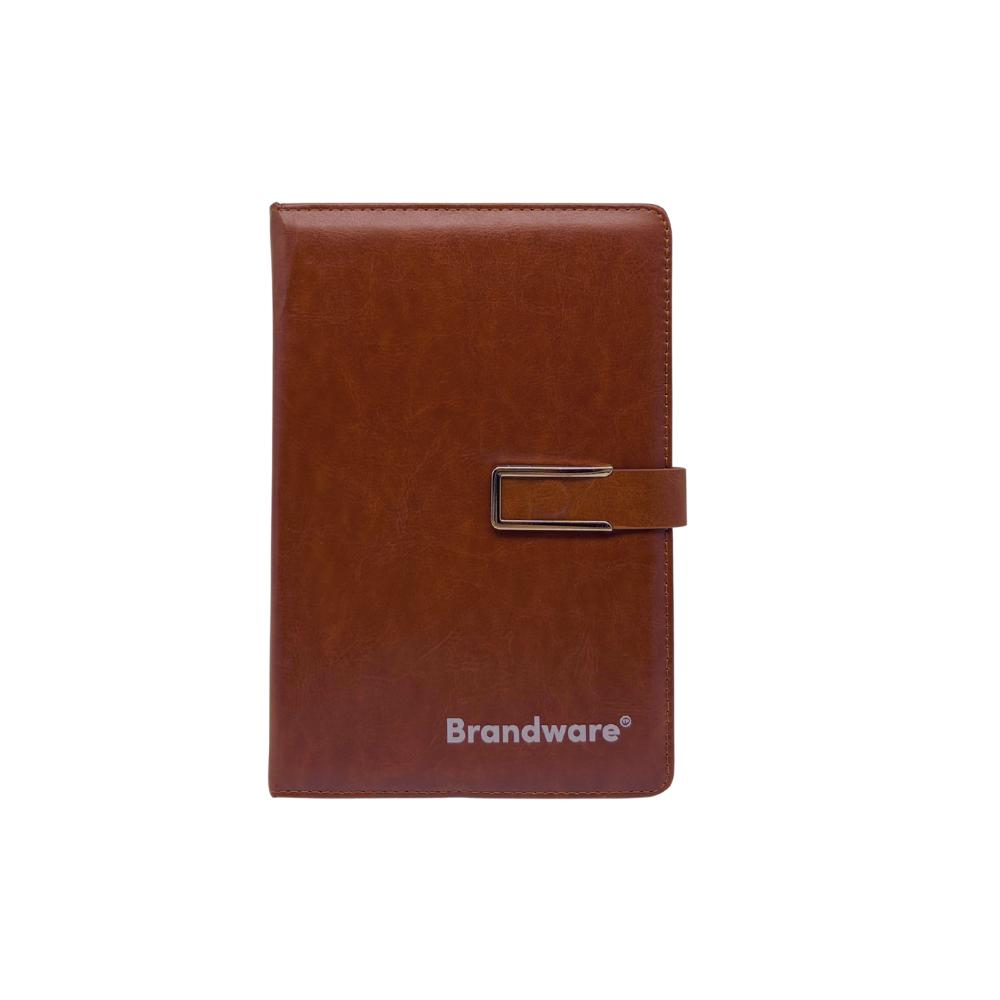 Brown leather notebook with a metal clip on a white background, featuring the Brandware logo.