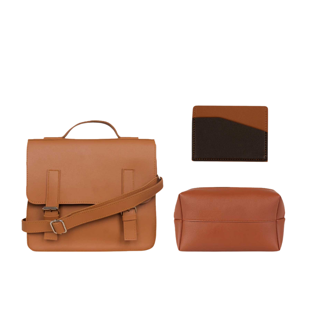 Leather Satchel Bag + Pouch + Card Holder