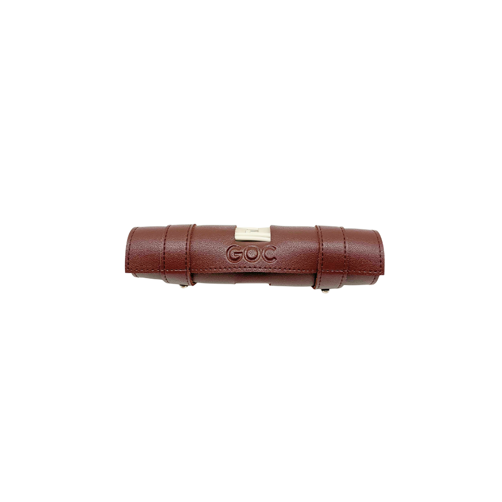 Brown leather cord organizer product with 'GOC' branding on a white background