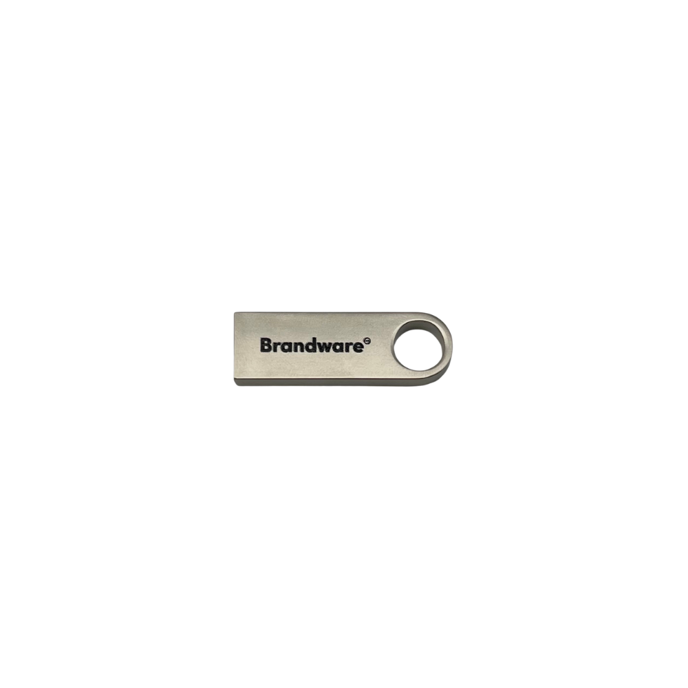 Metallic USB drive with 'Brandware' logo on a white background