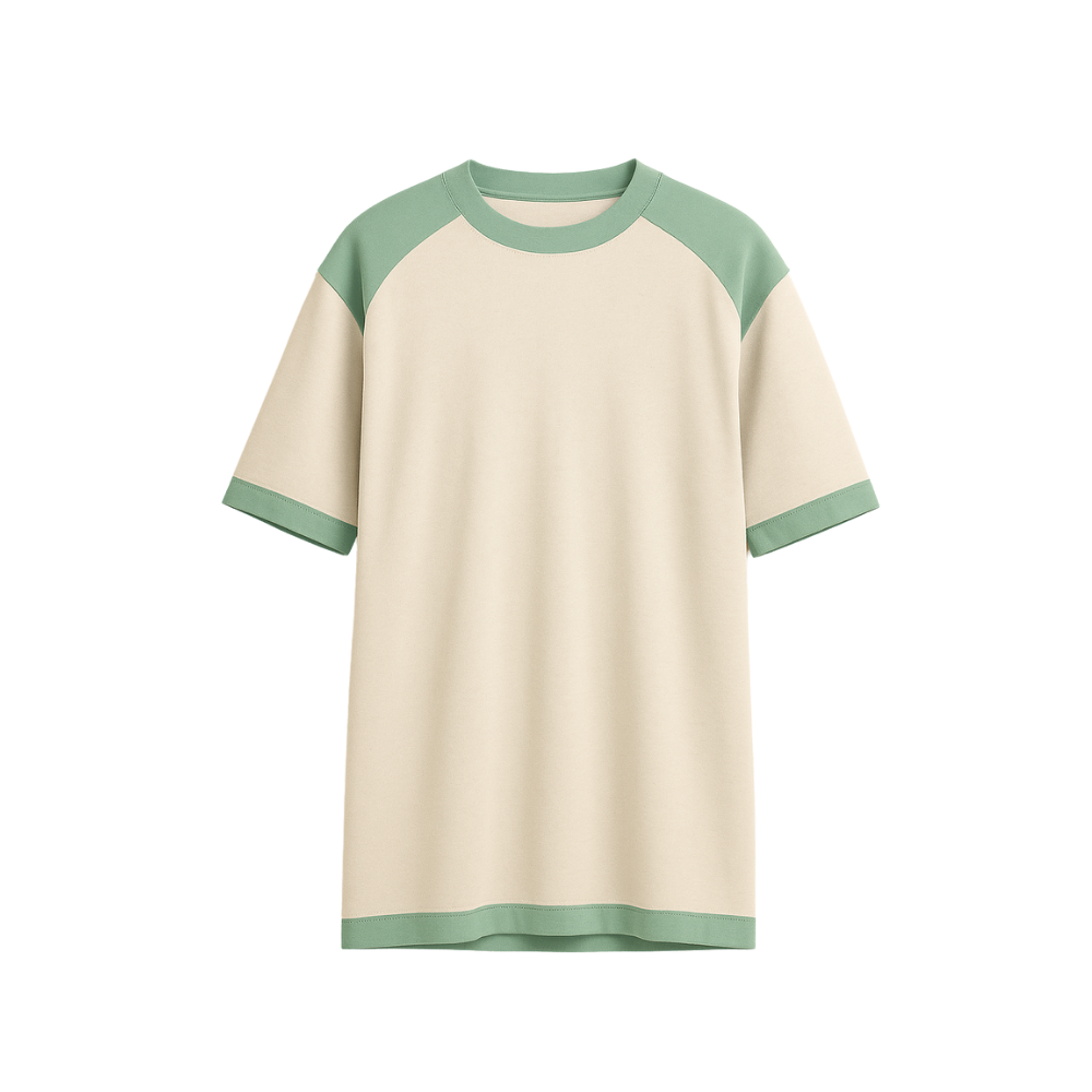 Beige dress with green accents on a white background