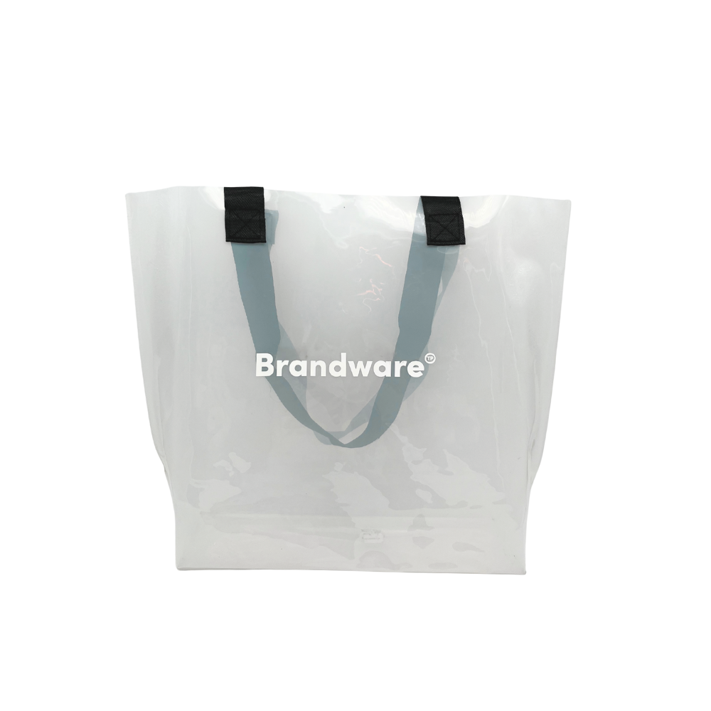 PVC bag with black handles and 'Brandware' logo on a white background