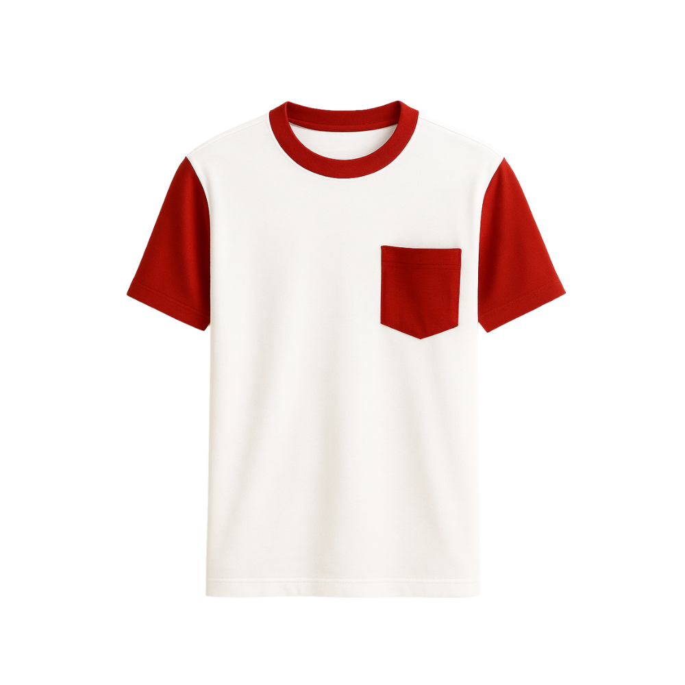 White t-shirt with red sleeves and pocket on a white background