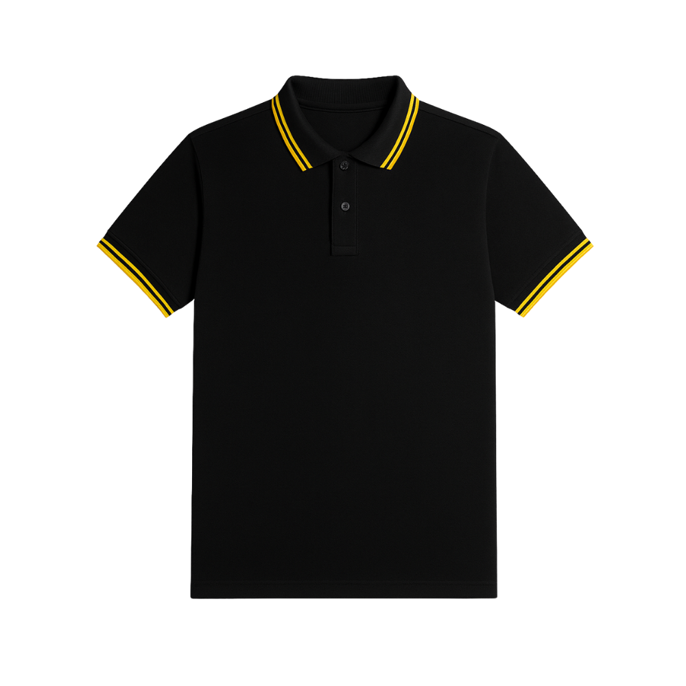 Black polo shirt with yellow trim on a white background