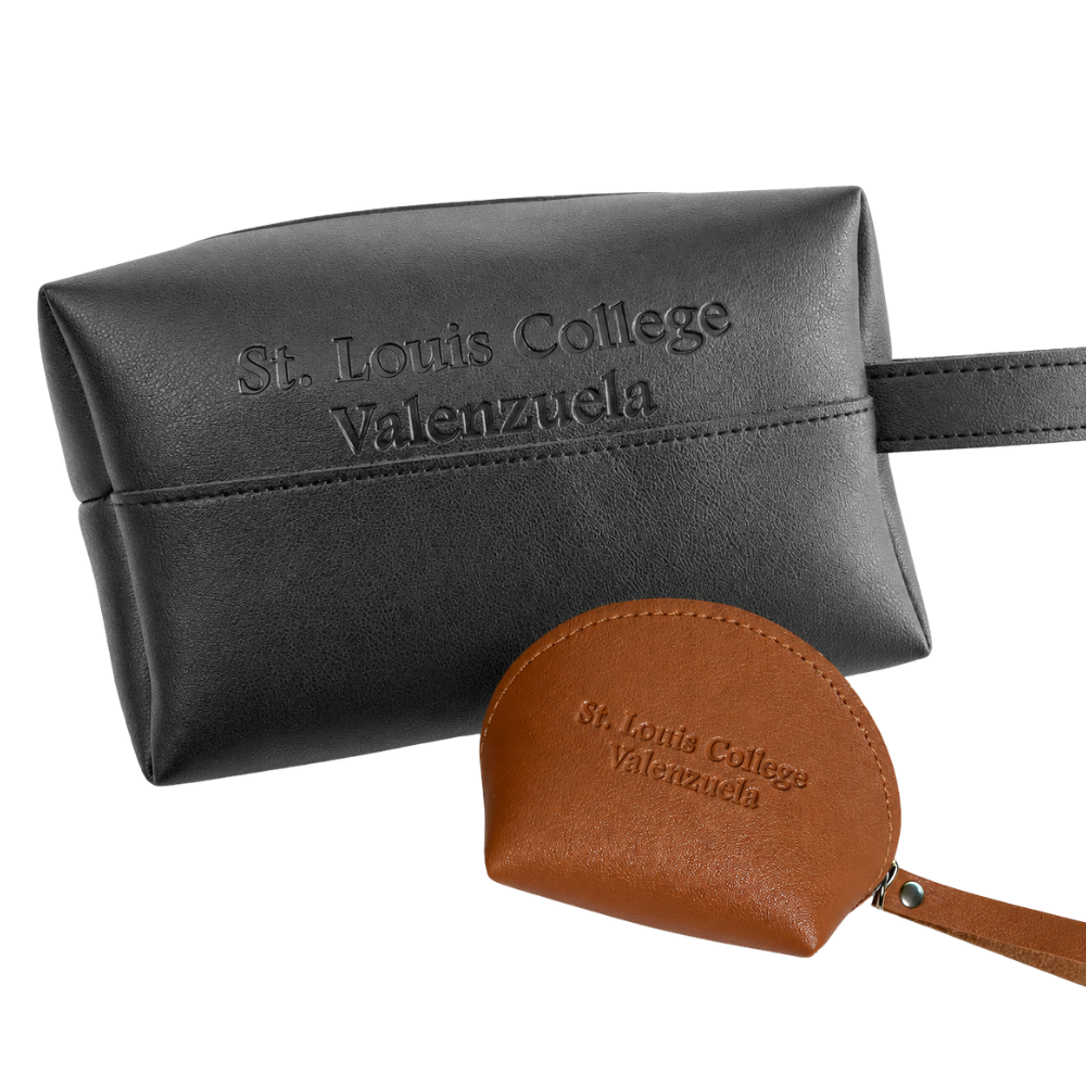 Black and brown leather pouches with 'St. Louis College Valenzuela' embossed