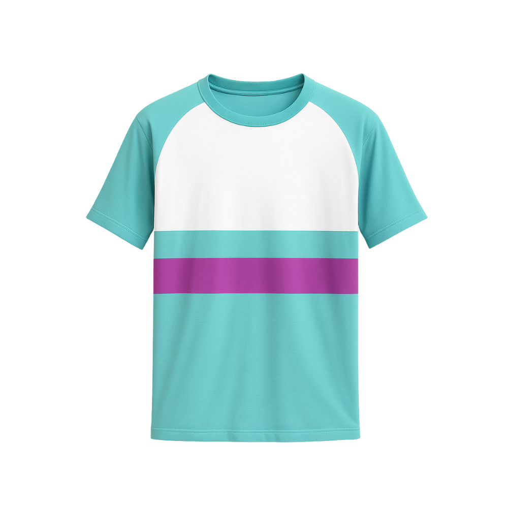 T-shirt with teal sleeves and bottom, white top section, and purple stripe on a white background