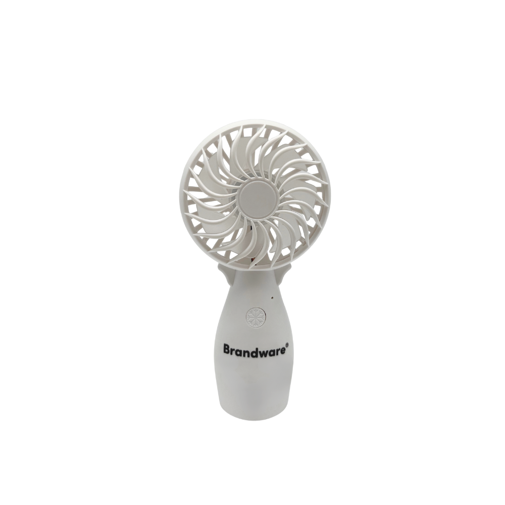 White handheld fan with 'Brandware' logo on a white background