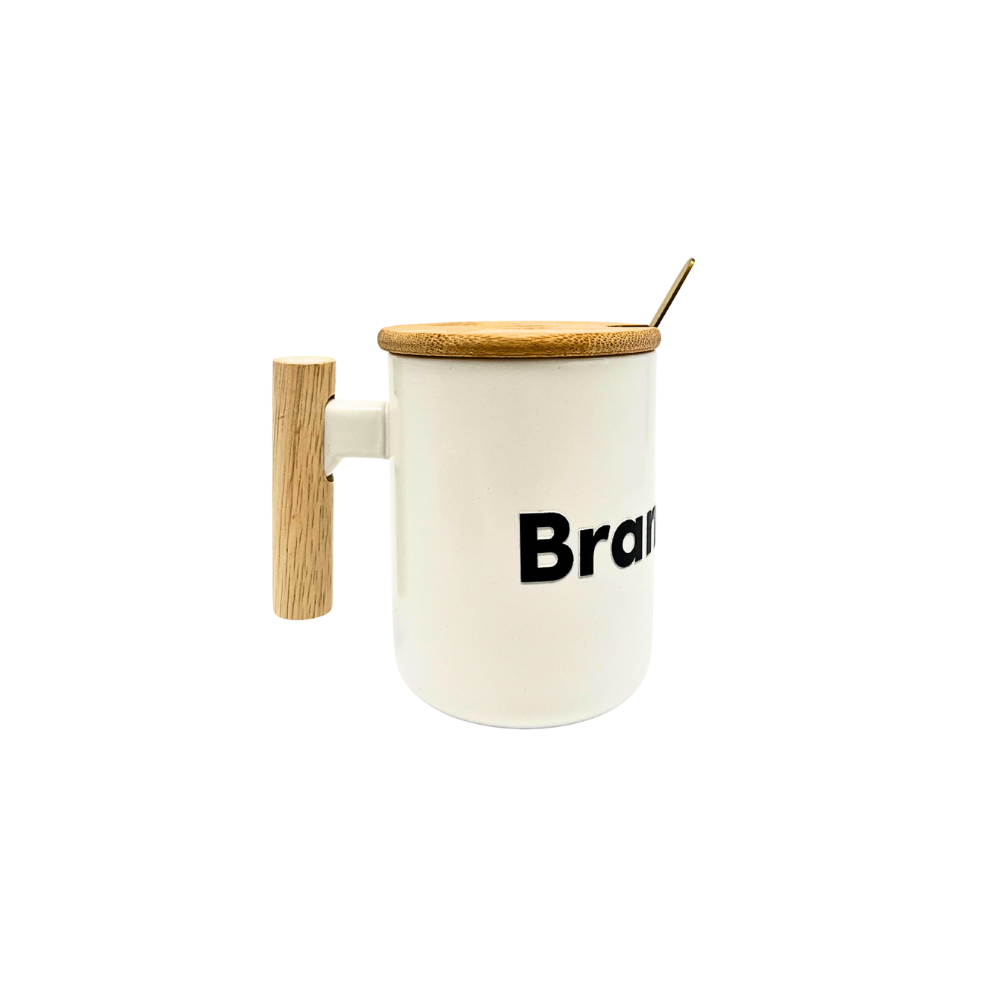 White mug with wooden handle and lid, featuring the brand name 'Brand' on a white background.