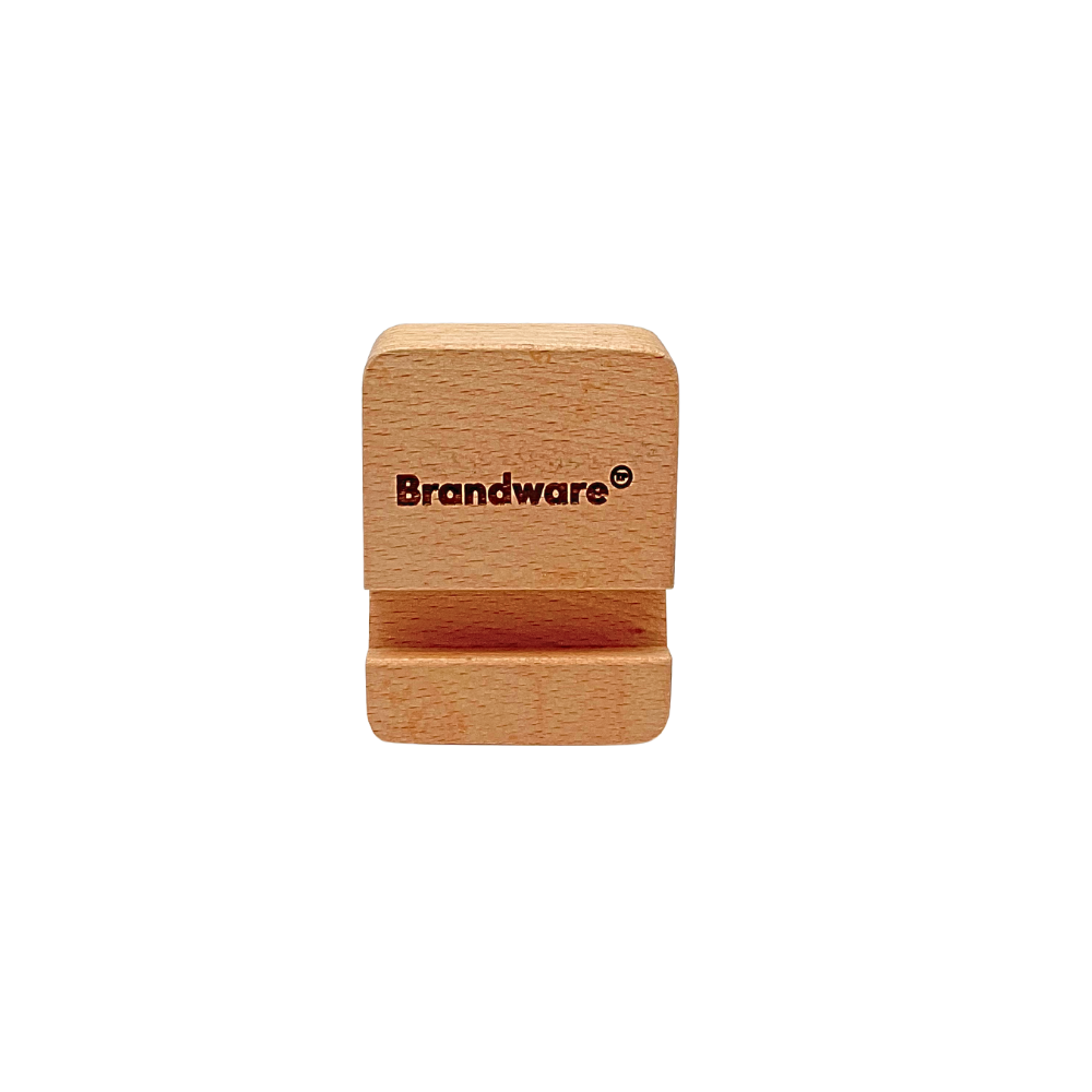 Wooden Phone Holder with 'Brandware' logo on a white background
