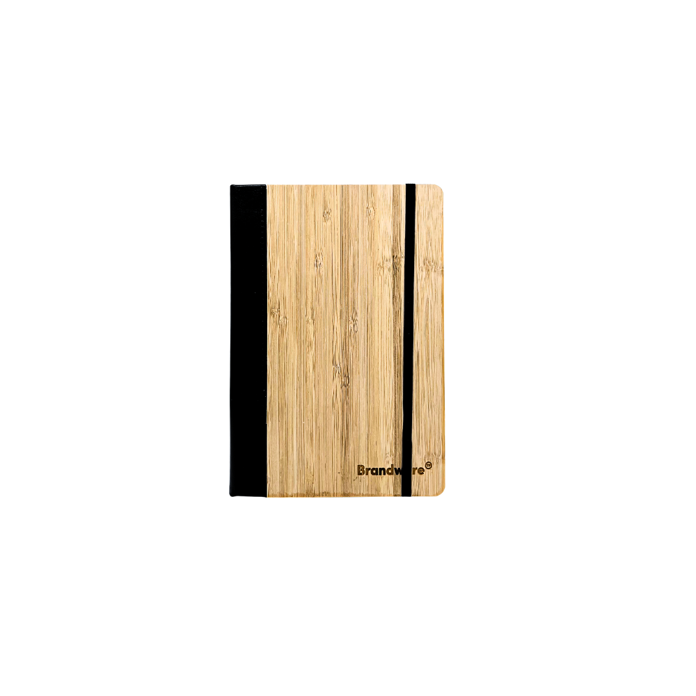 Wooden notebook with black band on a white background