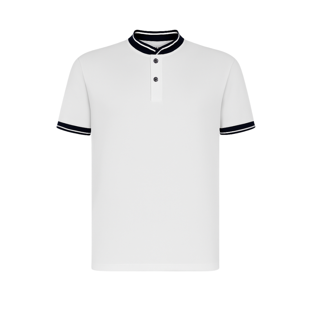 White polo shirt with black trim on a white background
