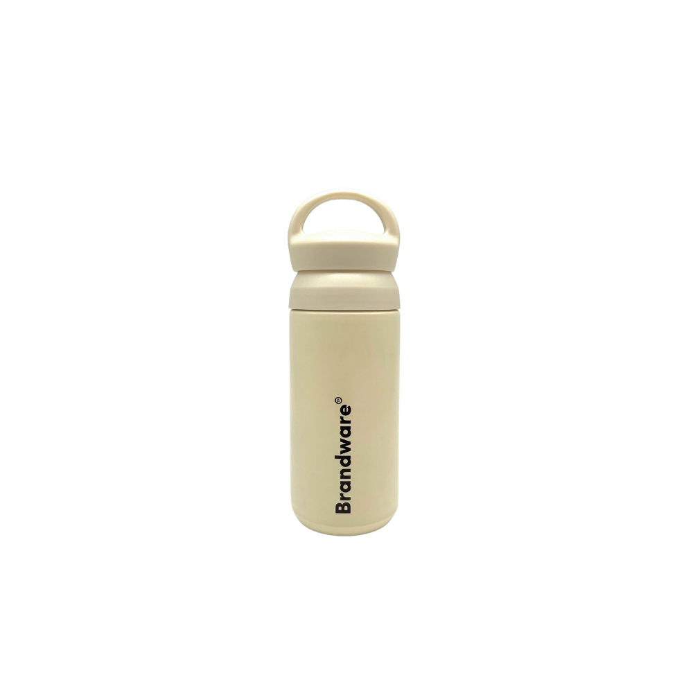 Beige water bottle with a handle on a white background, featuring the Brandware logo.