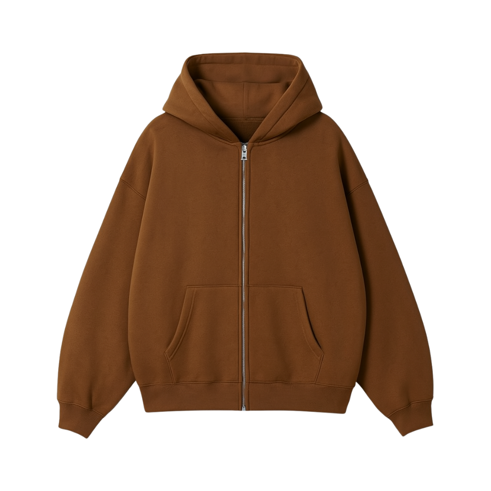 Brown hoodie with a zipper on a white background