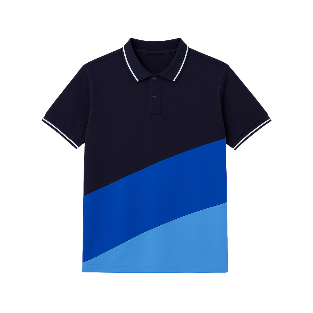 Navy and blue polo shirt with white trim on a white background