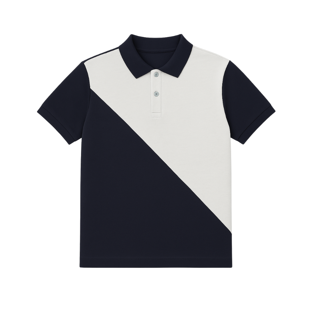 Navy and white polo shirt with a geometric design on a white background