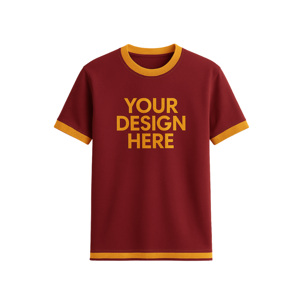 Maroon t-shirt with yellow trim and 'Your Design Here' text on a white background